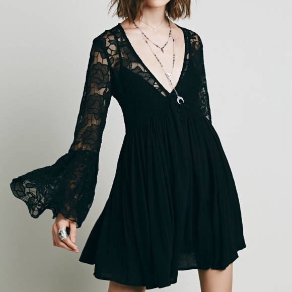 Free People Gypsy Black Lace Bell Sleeve Dress Free People Gypsy Black Lace Bell Sleeve Dress